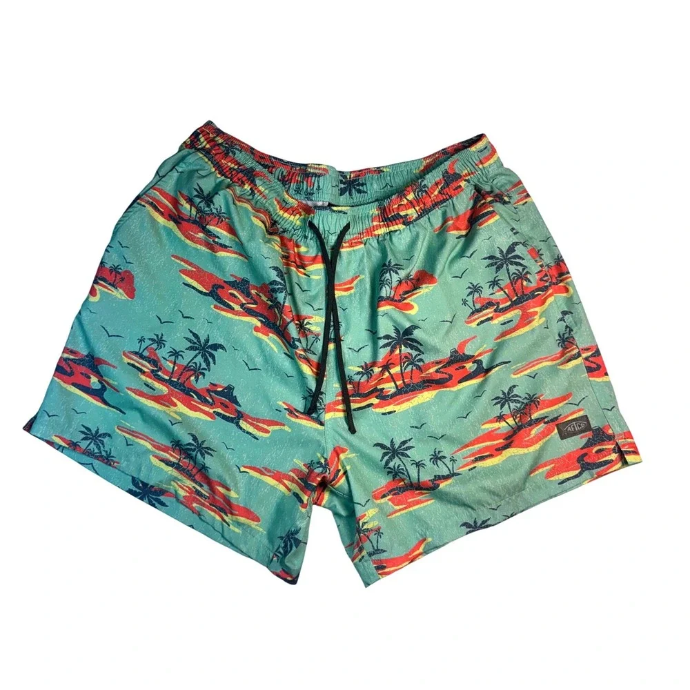 AFTCO Mens XL Swim Trunks Teal Tropical Palm Tree Fishing Board Shorts 6